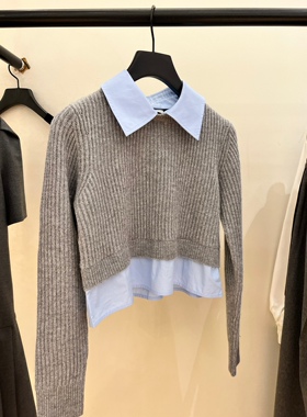 纯原法国小众个性错视拼接短款假两件针织上衣女