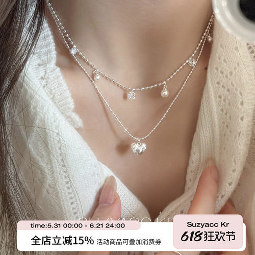 suzyacc kr春夏小众爱心吊坠叠戴项链超闪水钻显白锁骨链精致颈链