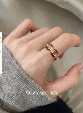 suzyacc kr红色滴釉锁链戒指圣诞新年轻奢小众通勤食指戒可调节