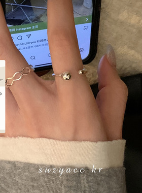 suzyacc kr轻奢高级感纯银双层波浪圆球开口戒指小众设计食指戒