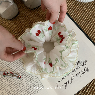 kr樱桃刺绣蕾丝发圈复古小众宫廷风小清新低马尾盘发布圈 suzyacc