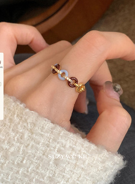 suzyacc kr复古气质滴釉水钻圆环戒指女小众设计高级感食指戒指环