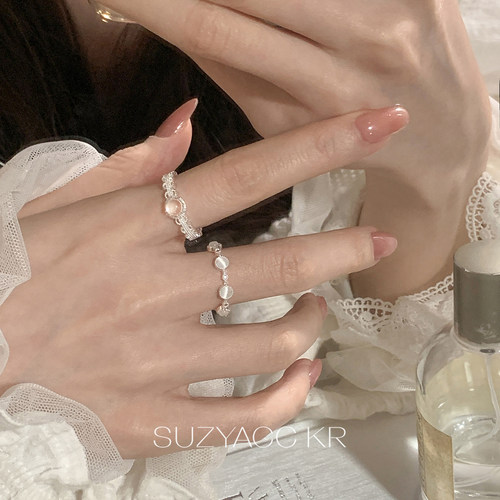 suzyacc kr精致蕾丝猫眼石戒指显白小众高级感食指戒可调节指环女