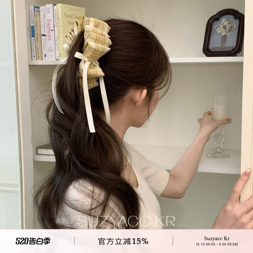 suzyacc kr早春明媚黄色系格纹发夹女蝴蝶结香蕉夹后脑勺高马尾夹