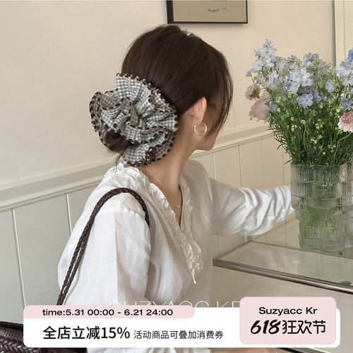 suzyacc kr韩系复古双层格纹发圈精致质感小众设计低马尾头花发饰