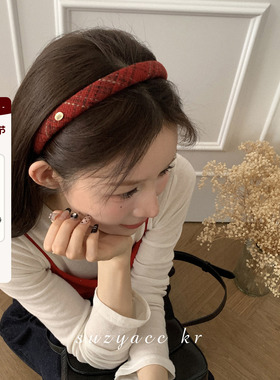 suzyacc kr节日氛围感红色格子发箍女2025新款法式复古高级头箍