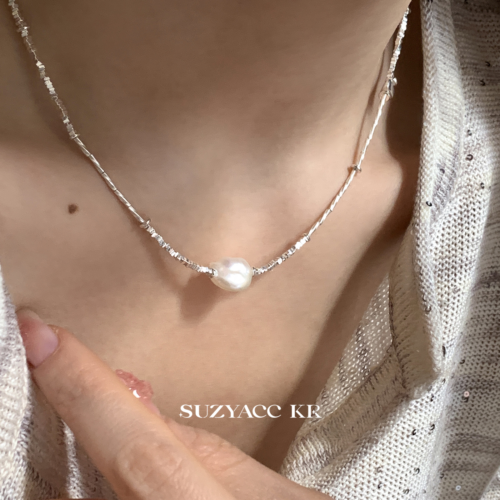 suzyacc kr纯银巴洛克珍珠碎银项链轻奢复古高级感锁骨链小众颈链