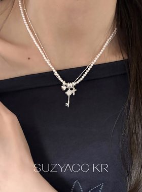 suzyacc kr重工仿珍珠钥匙双层项链2026新款甜酷少女小众锁骨链