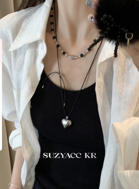 suzyacc kr轻奢百搭小众黑白串珠项链女款2024新款爱心黑绳项链