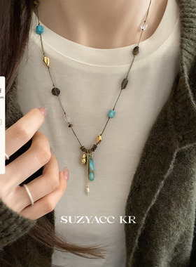 suzyacc kr松石绿串珠天然石项链复古小众个性游牧风设计感毛衣链