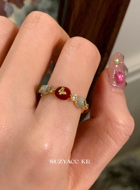suzyacc kr红色滴釉蝴蝶结戒指轻奢高级食指戒可调节复古温柔指环