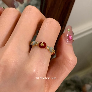 kr红色滴釉蝴蝶结戒指轻奢高级食指戒可调节复古温柔指环 suzyacc