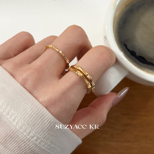 suzyacc kr合成锆石竹节戒指小众设计通勤百搭开口食指戒时尚指环
