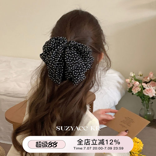 suzyacc kr氛围感波点雪纺蝴蝶结发夹女2025新款后脑勺盘发抓夹