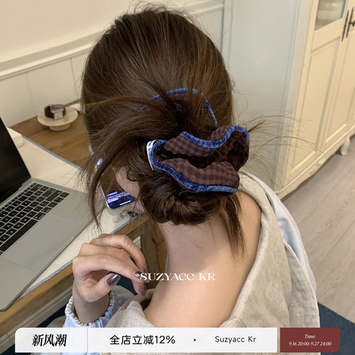 suzyacc kr复古丝绒格子发圈氛围感撞色高级小肠圈盘发皮筋头绳女