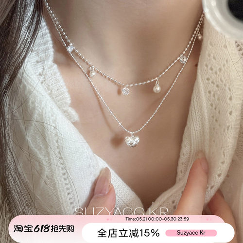 suzyacc kr春夏小众爱心吊坠叠戴项链超闪水钻显白锁骨链精致颈链