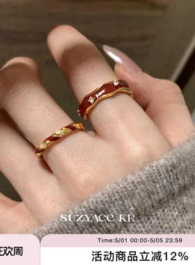 suzyacc kr本命年显白红色滴釉戒指圣诞新年小众气质食指戒指环女