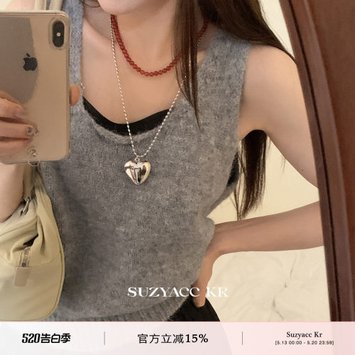 suzyacc kr韩国博主风金属爱心米珠长项链女轻奢小众简约叠戴颈链
