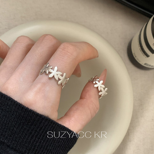suzyacc kr纯银做旧花朵戒指女小众设计感百搭高级精致简约食指戒