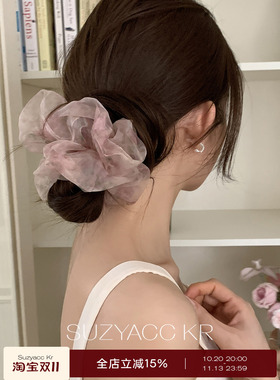 suzyacc kr粉色晕染欧根纱发圈法式复古田园小清新高级感头花发饰