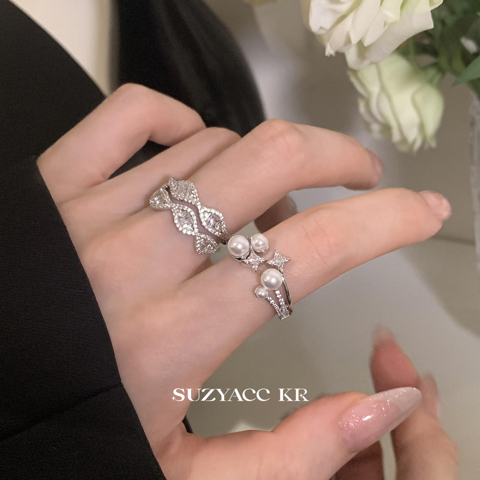 suzyacc kr仿珍珠合成锆石星星双层戒指气质小众高级感食指戒指环