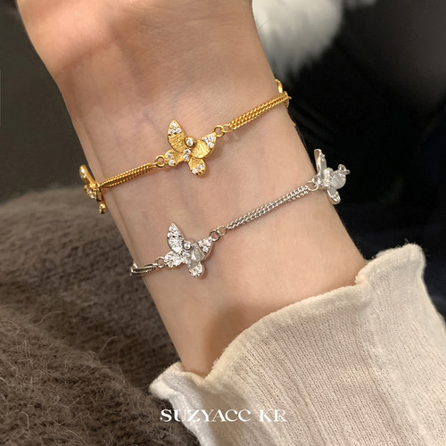 suzyacc kr纯银珠宝精工镶钻拉丝蝴蝶手链轻奢小众设计感重工手饰