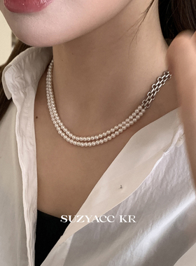 suzyacc kr仿珍珠链条拼接项链女款2025新款高级甜酷小众锁骨链