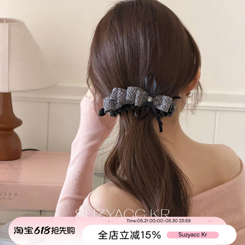 suzyacc kr格纹蝴蝶结香蕉夹复古小众高级感后脑勺低马尾盘发发夹