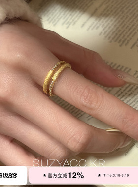 suayacc kr复古金色拉丝水钻双层戒指女气质温柔小众高级感食指戒