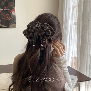 kr波点珍珠蝴蝶结抓夹后脑勺温柔气质复古高级高颅顶发夹 suzyacc