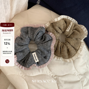 suzyacc kr针织毛线木耳边发圈秋冬简约复古高级感低马尾头绳发饰