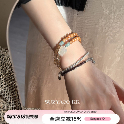 suzyacc kr小狐狸库克双层石榴石纯银叠戴手链女复古小众气质手饰