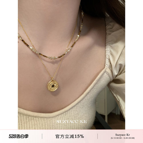 suzyacc kr中古风原石串珠美拉德叠戴项链轻奢小众老钱风锁骨链