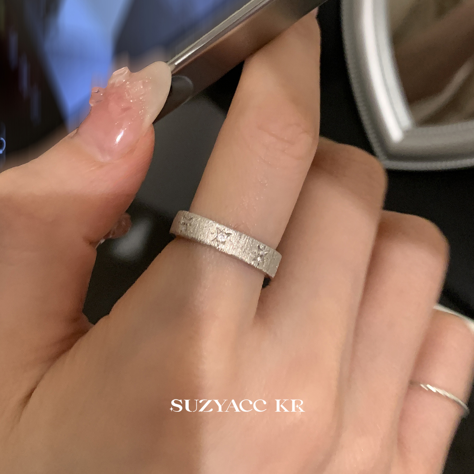suzyacc kr纯银拉丝锆石星芒戒指复古重工个性高级感食指戒指环女