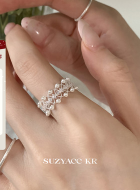 suzyacc kr蕾丝花边仿珍珠合成锆石戒指轻奢气质小众食指戒指环