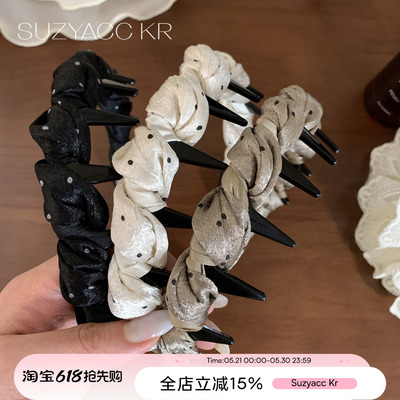 suzyacc kr缎面扭结波点发箍法式复古小众齿梳头箍高颅顶防掉发饰
