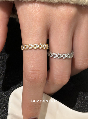 suzyacc kr超闪水钻爱心戒指温柔气质高级食指戒简约百搭叠戴指环