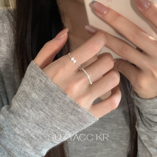 suzyacc kr纯银水钻超闪链条戒指精致显白小众设计感细圈食指戒女