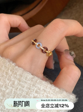 suzyacc kr复古气质滴釉水钻圆环戒指女小众设计高级感食指戒指环