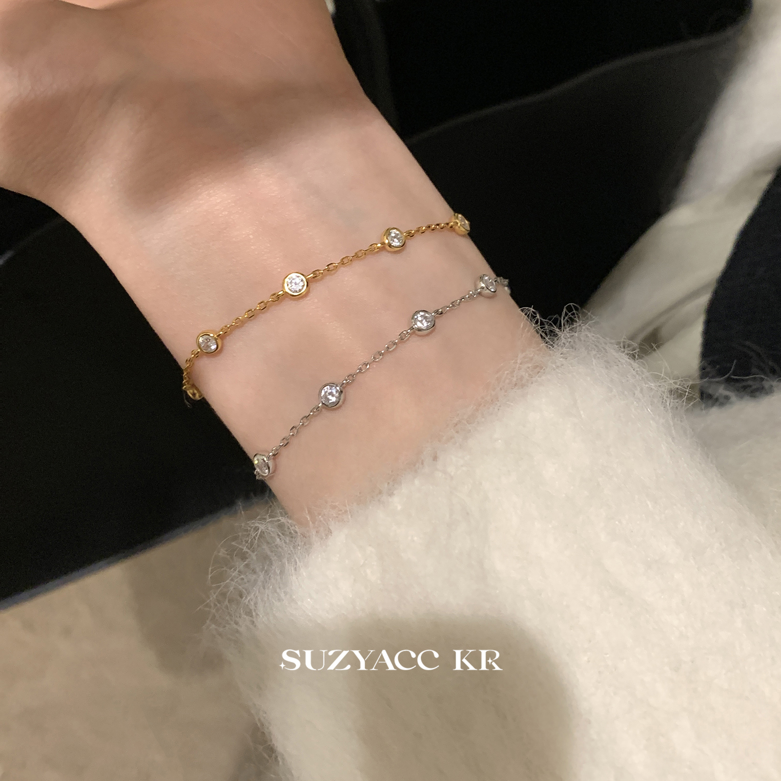 suzyacc kr简约百搭高级纯银泡泡小圆钻手链纤细轻奢小众精致手饰