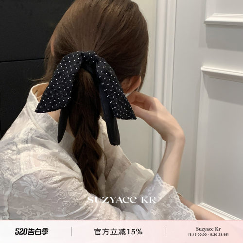 suzyacc kr黑色波点蝴蝶结飘带发圈女通勤复古小众低马尾皮筋头绳