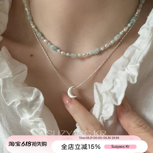 suzyacc kr度假风薄荷绿色系叠带月亮项链法式复古小众设计锁骨链