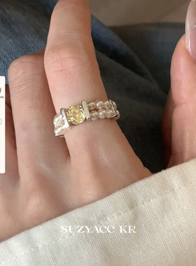 suzyacc kr黄色水钻仿珍珠弹力绳戒指小众设计质感食指戒指环