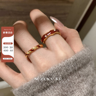 suzyacc kr本命年显白红色滴釉戒指圣诞新年小众气质食指戒指环女