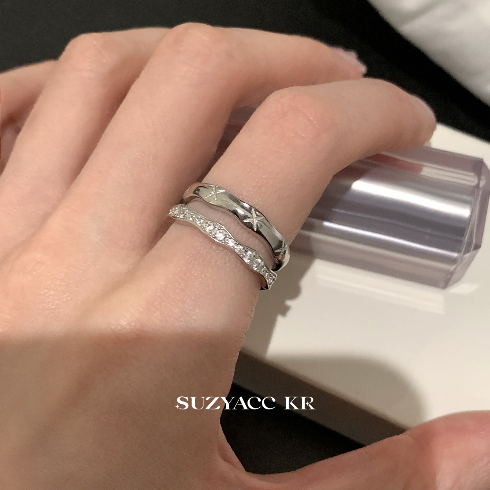 suzyacc kr精工纯银闪钻双层菱格戒指轻奢气质小众个性高级食指戒