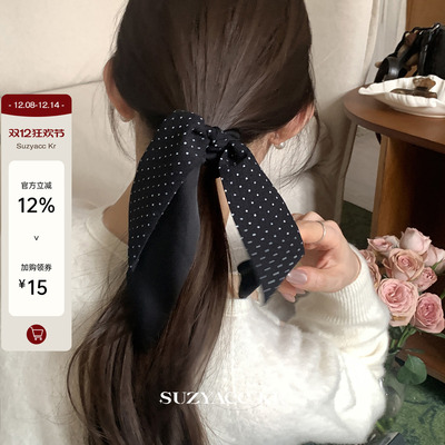 suzyacc kr黑色波点蝴蝶结飘带发圈女通勤复古小众低马尾皮筋头绳