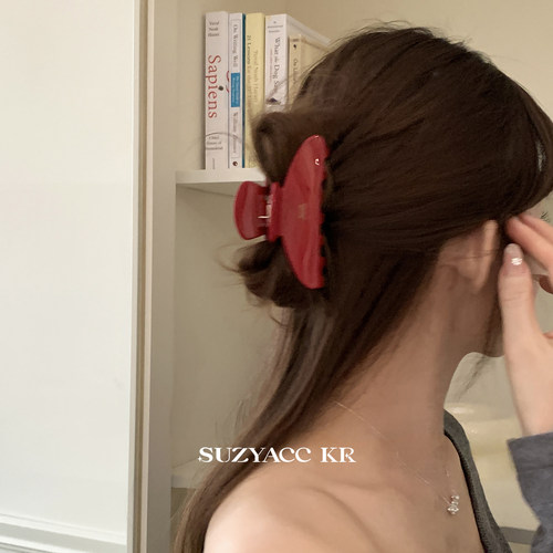 suzyacc kr醋酸板材樱桃红色抓夹秋冬复古高级显白后脑勺盘发发夹