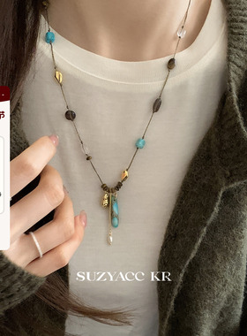 suzyacc kr松石绿串珠天然石项链复古小众个性游牧风设计感毛衣链