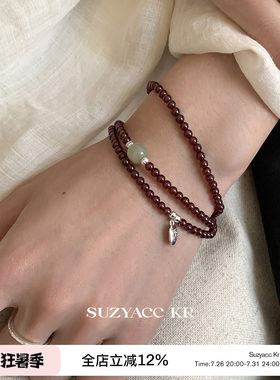 suzyacc kr纯银石榴石多层串珠手链早秋复古百搭高级显白叠戴手串