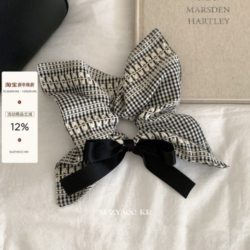 suzyacckr蝴蝶结格纹方巾大肠圈女日系小众高级感百搭扎头发发圈